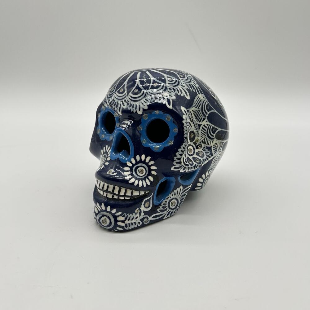 Mexican Folk Art Day Of The Dead Sugar Skull Hand Painted Blue White